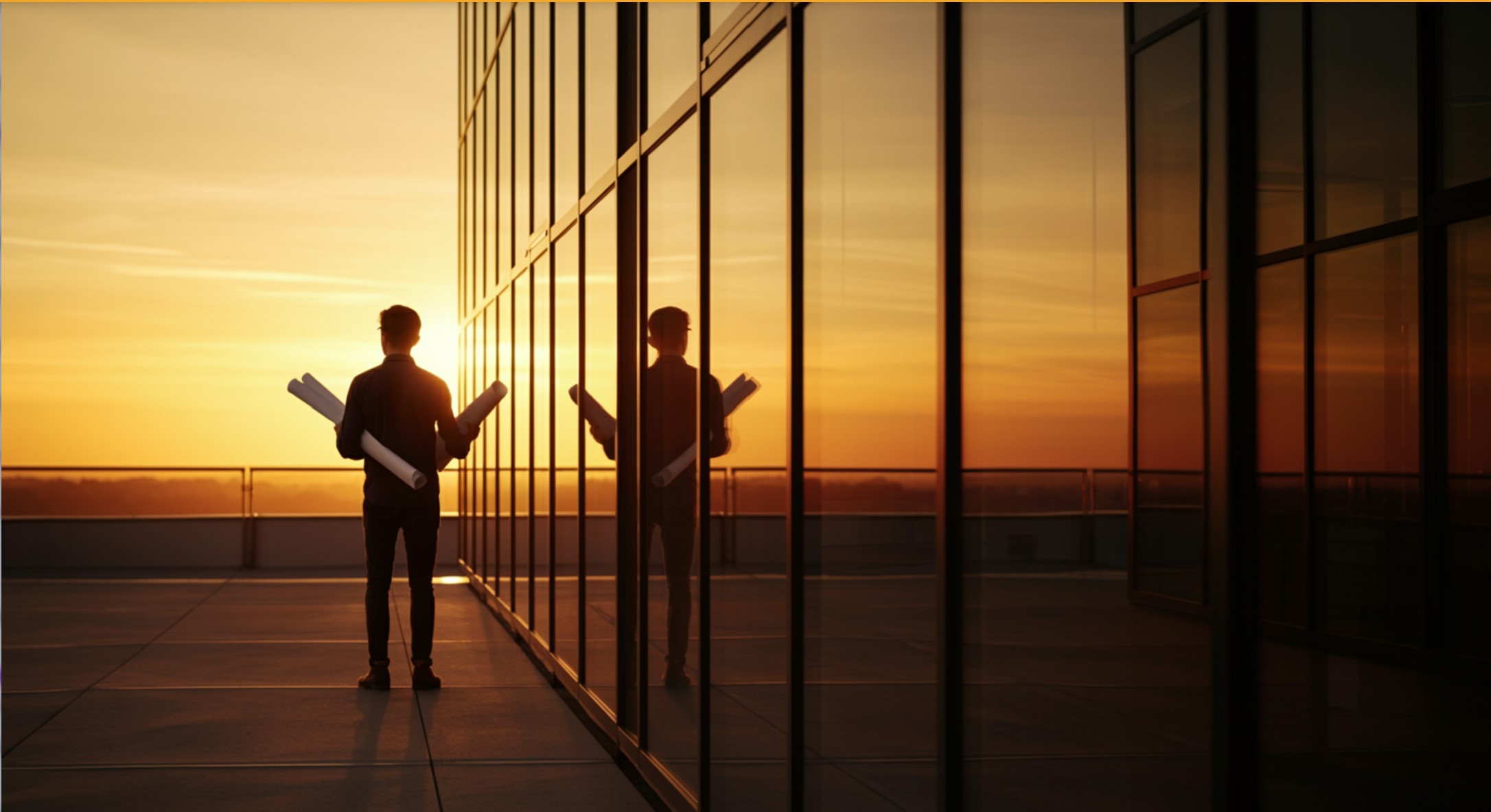 hombre joven mirando al horizonte en la cima de un edificio durante el atardecer
