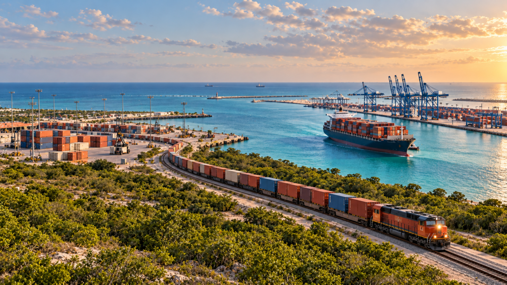 Ilustración conceptual del Puerto de Progreso, con barco de carga, canal de navegación y conectividad ferroviaria