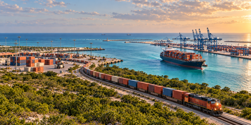 Ilustración conceptual del Puerto de Progreso, con barco de carga, canal de navegación y conectividad ferroviaria